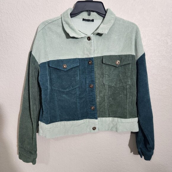 Papermoon Jacket Womens Small Sage Teal Colorblock Corduroy Shacket Cropped - Picture 1 of 10